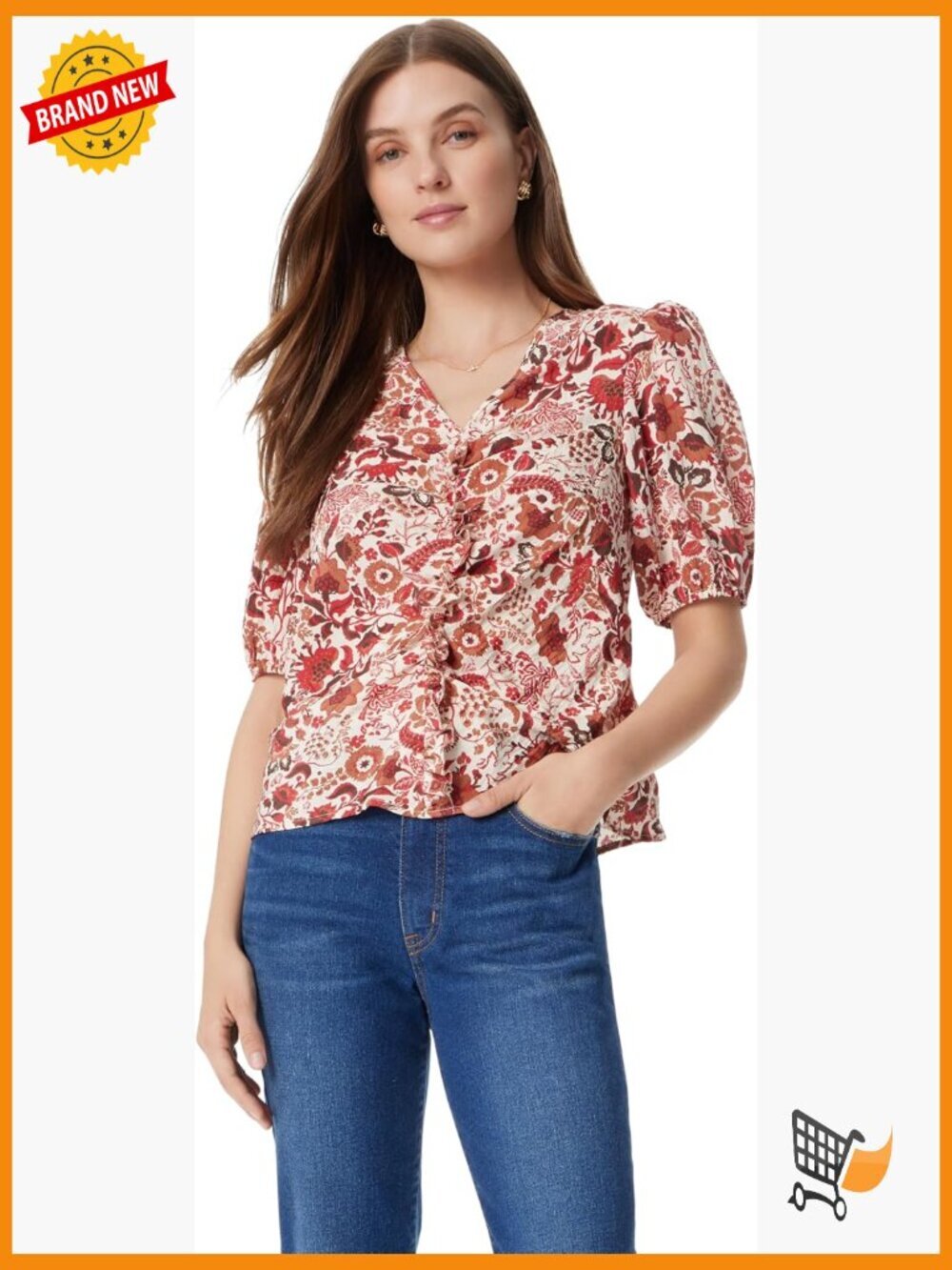 Puff Short Sleeve Shirred Front V-Neck Blouse
